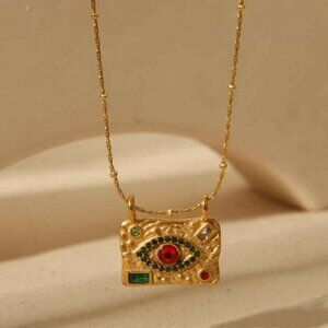 Women's Evil Eye Pendant Goldtone Stainless Steel Necklace w Colorful Gemstones